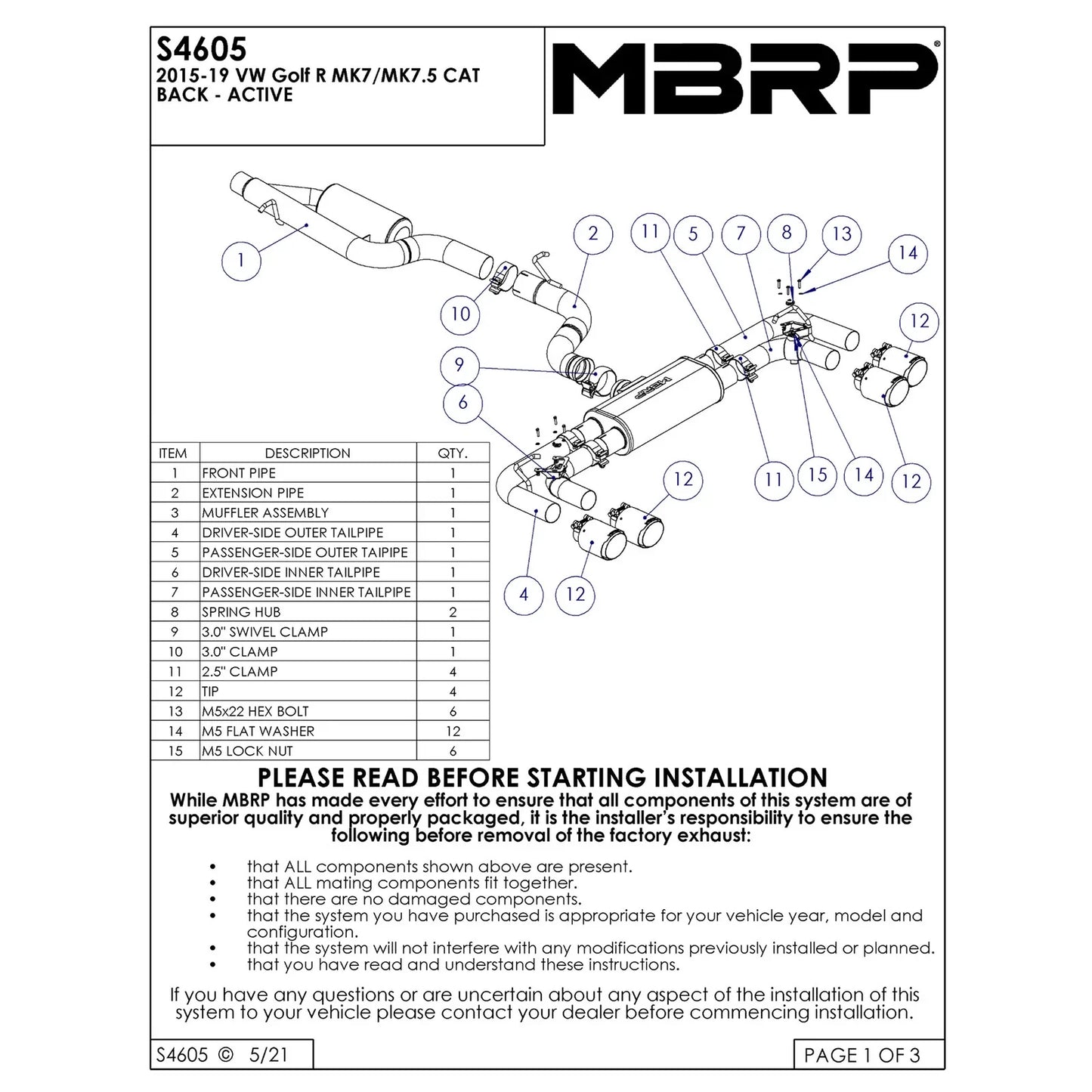 MBRP 15-19 VW Golf R 3 in Cat Back w/ 4 in OD Quad Carbon Fiber Tips - T304