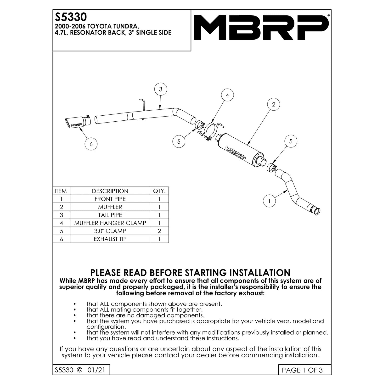 MBRP 00-06 Toyota Tundra All 4.7L Models Resonator Back Single Side Exit Aluminized Exhaust System