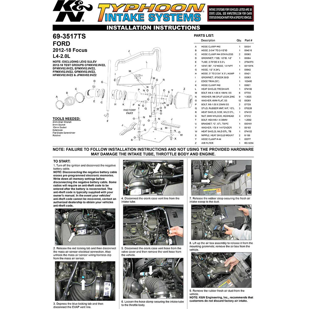 K&N 12 Ford Focus 2.0L Typhoon Performance Intake