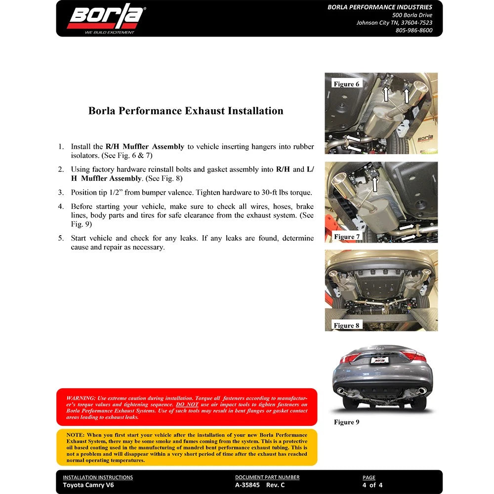 Borla 14-16 Toyota Camry 3.5L AT FWD 4DR 2.25in Touring Rear Section Exhaust 3.5in x 4.25in Tips