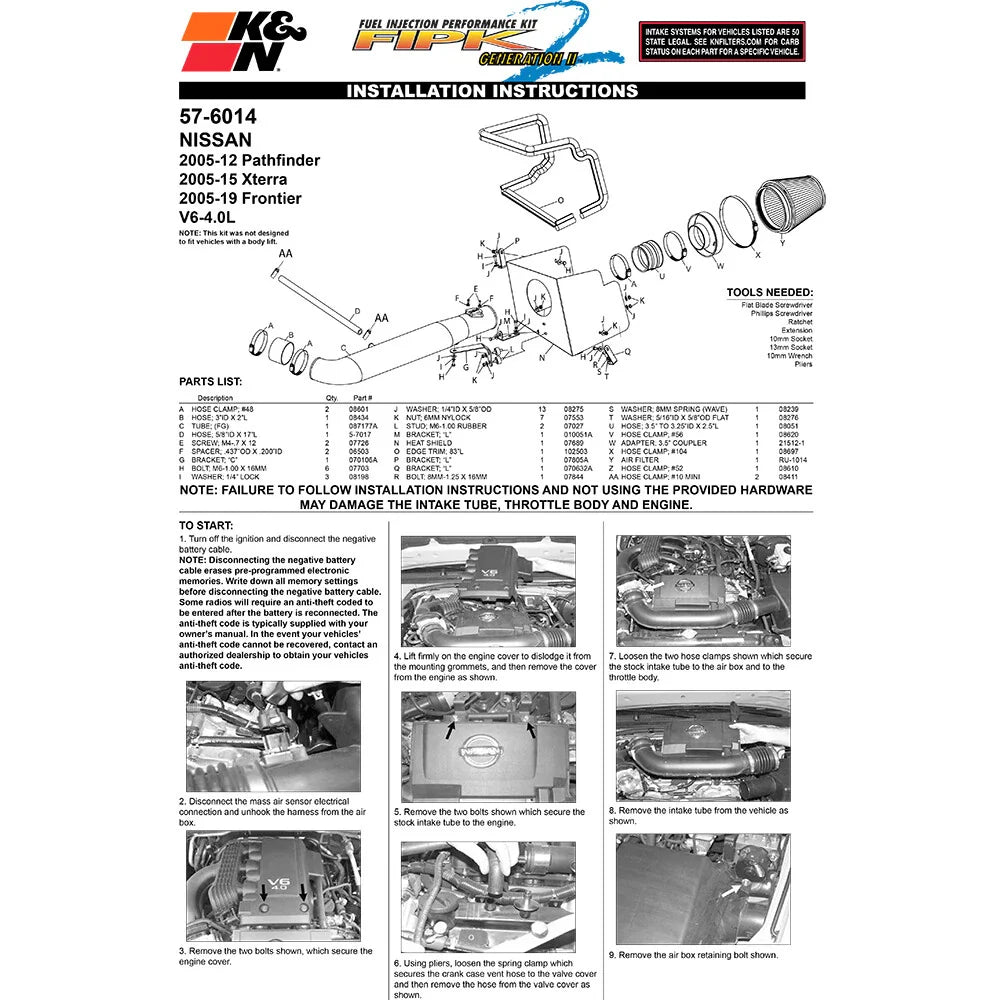 K&N 05 Nissan Pathfinder V6-4.0L Performance Intake Kit