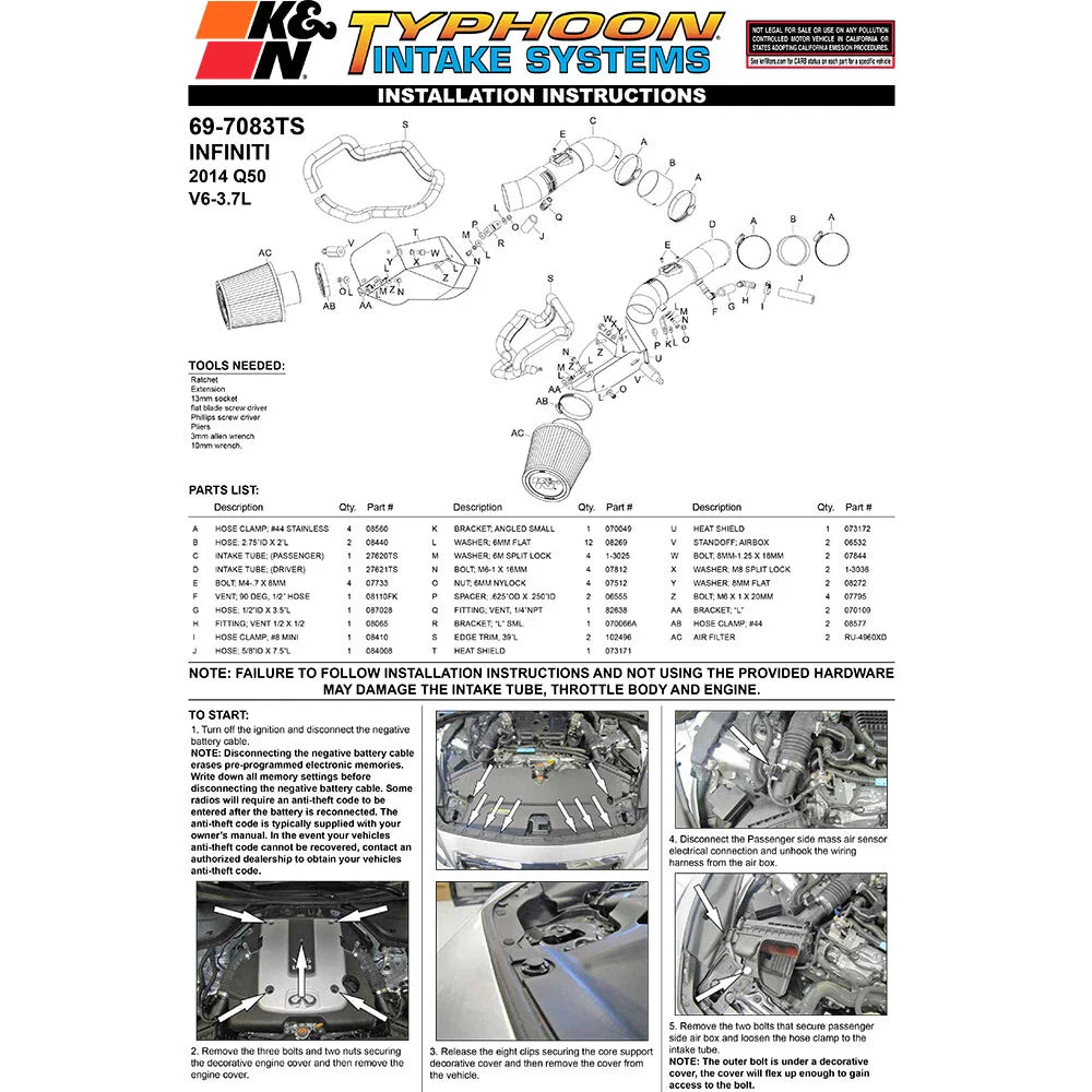 K&N 14-15 Infiniti Q50 3.7L V6 Dual Silver Typhoon Short Ram Intakes