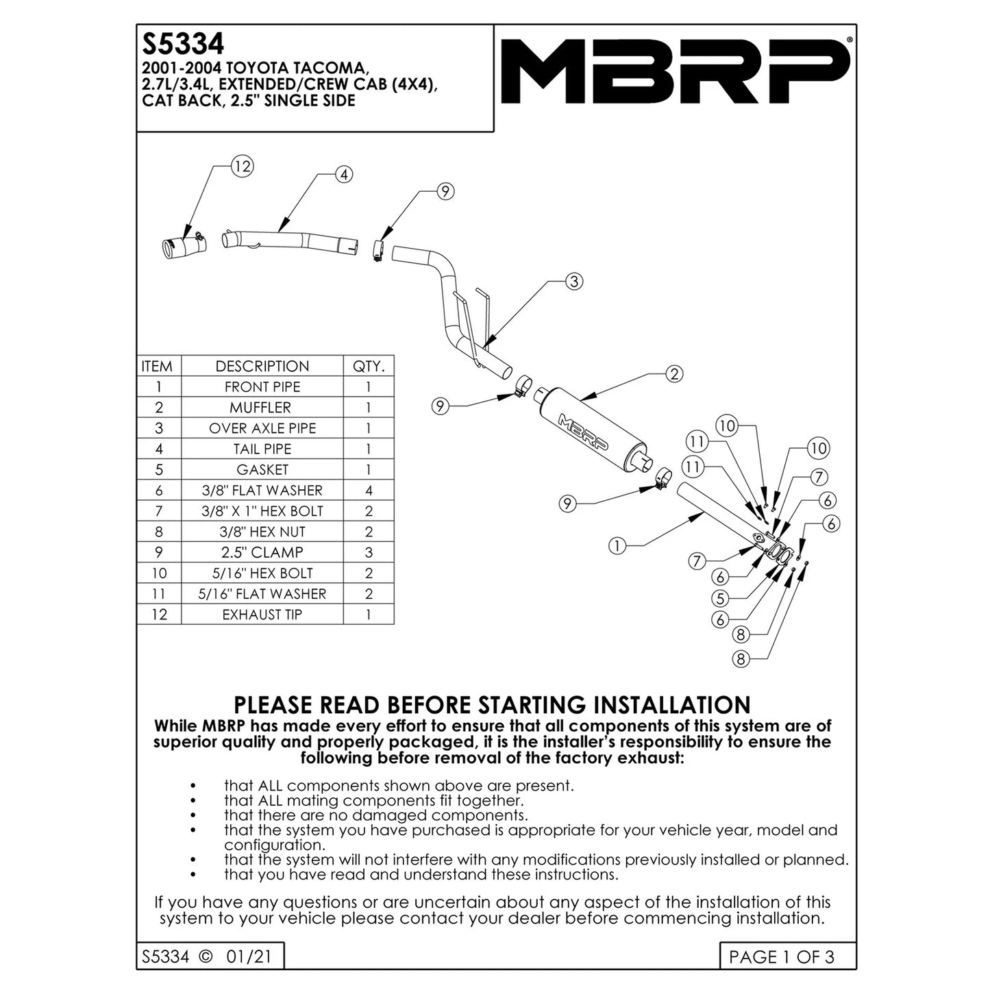 MBRP 01-05 Toyota Tacoma 2.7/3.4L (4x4 Only) 2.5in Cat Back Single Side Exit T409 Exhaust System