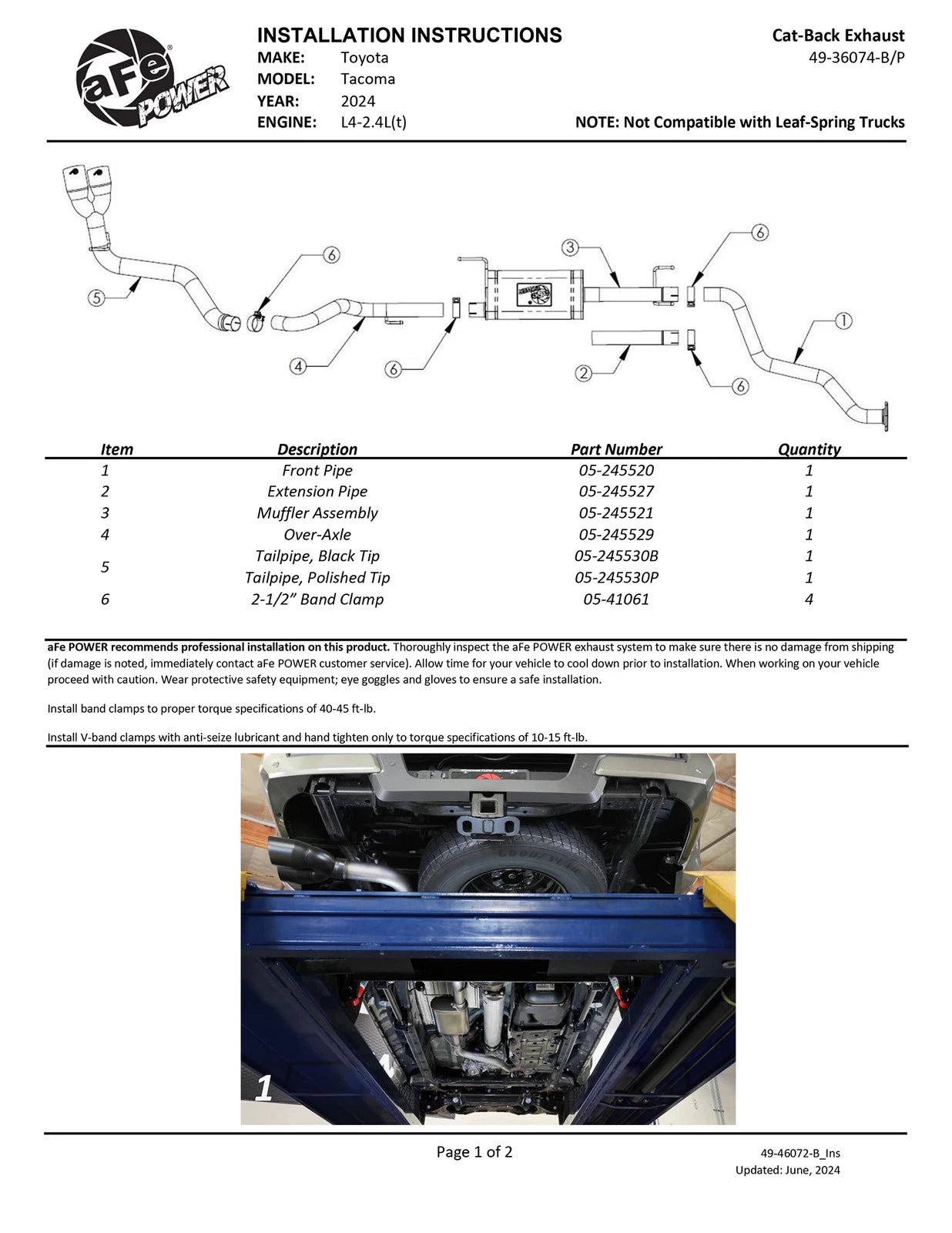 aFe 2024 Toyota Tacoma L4 2.4L Vulcan Series 2.5-3in 304 SS Steel Cat-Back Exhaust w/Black Tips