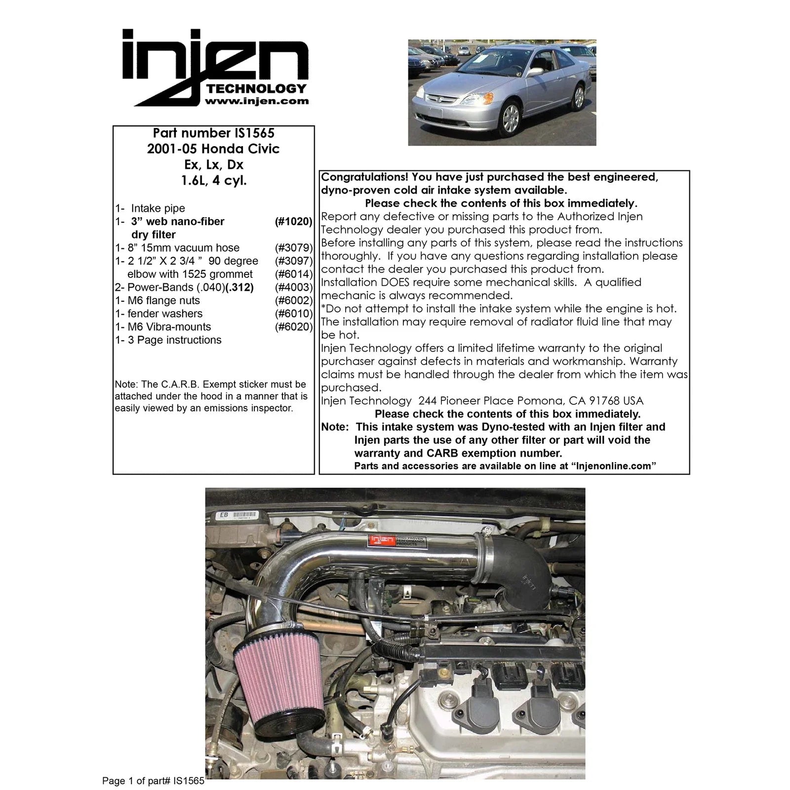 Injen 01-04 Civic Dx Lx Ex Hx Polished Short Ram Intake