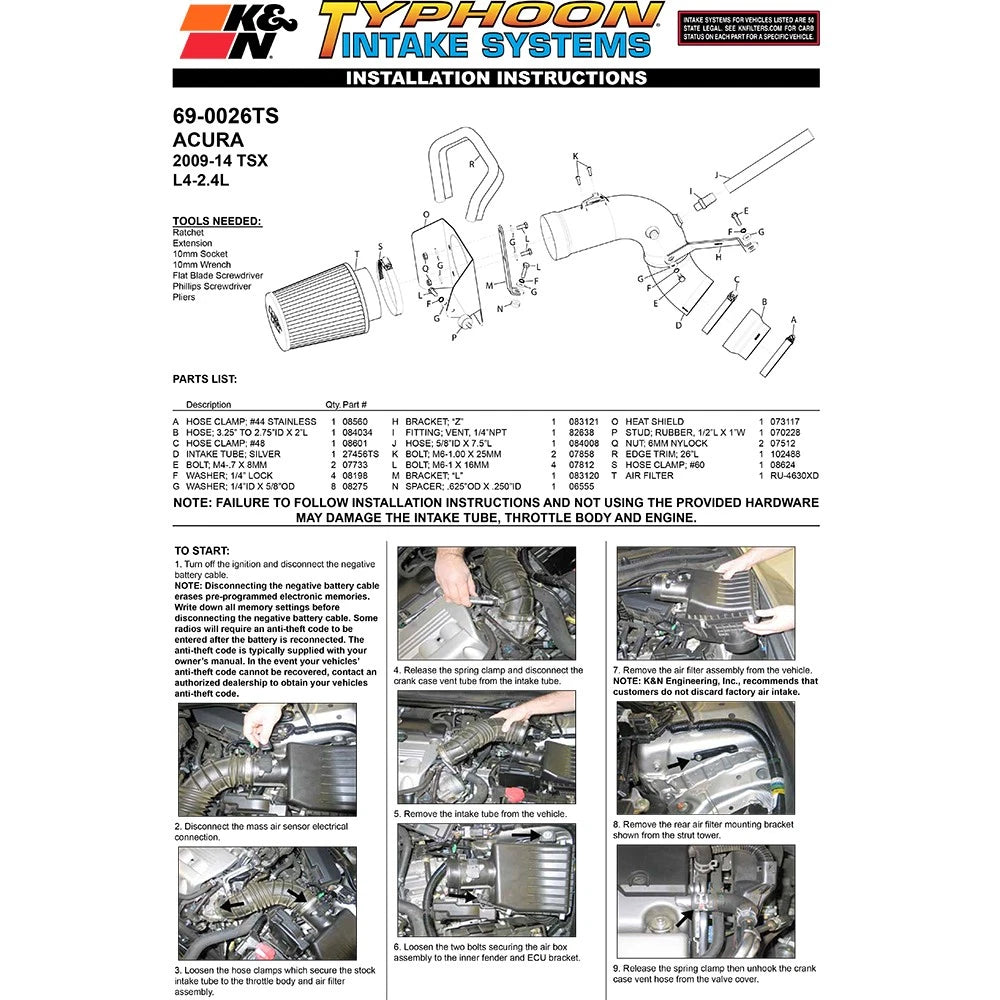K&N 09 Acura TSX 2.4L Silver Typhoon Intake