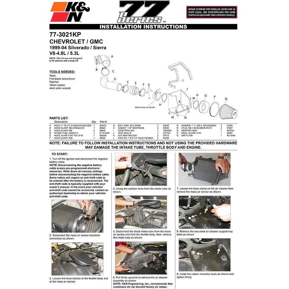 K&N 99-04 Chevy Silverado V8-4.8/5.3L Polished High Flow Performance Kit