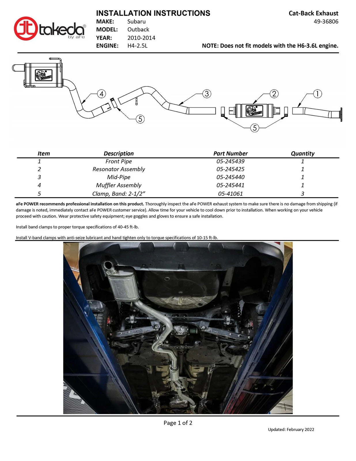 aFe POWER Takeda 2.25 to 2.5in 304SS Cat-Back Exhaust 10-14 Subaru Outback H4-2.5L