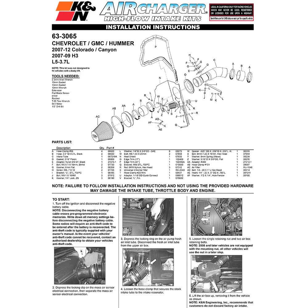 K&N 07-09 GM Colorado/Canyon H3 L5-3.7L AirCharger Performance Intake