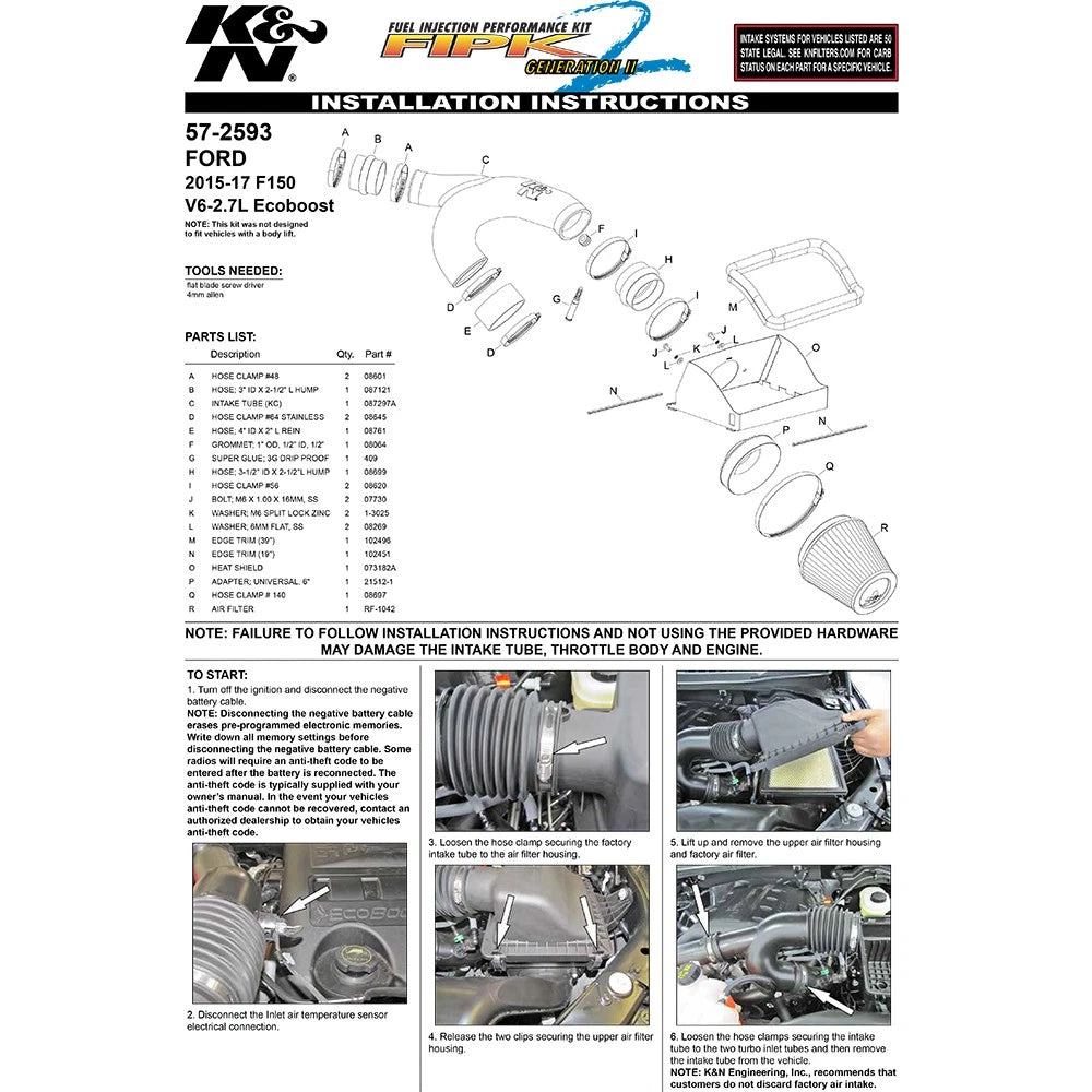 K&N 2015 FORD F150 2.7L V6 Performance Intake Kit