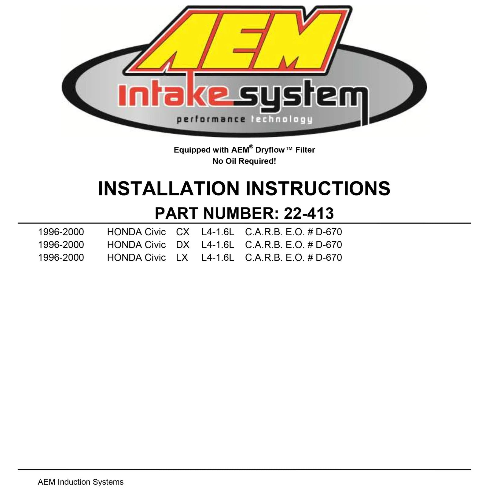 AEM 96-00 Civic CX DX & LX Red Short Ram Intake