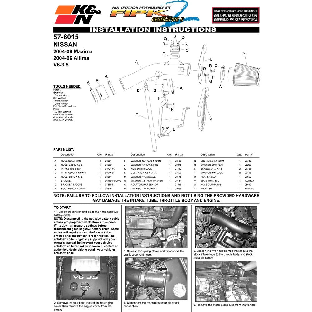 K&N 04-06 Nissan Altima 3.5L V6 / 04-08 Maxima 3.5L V6 Performance Intake Kit