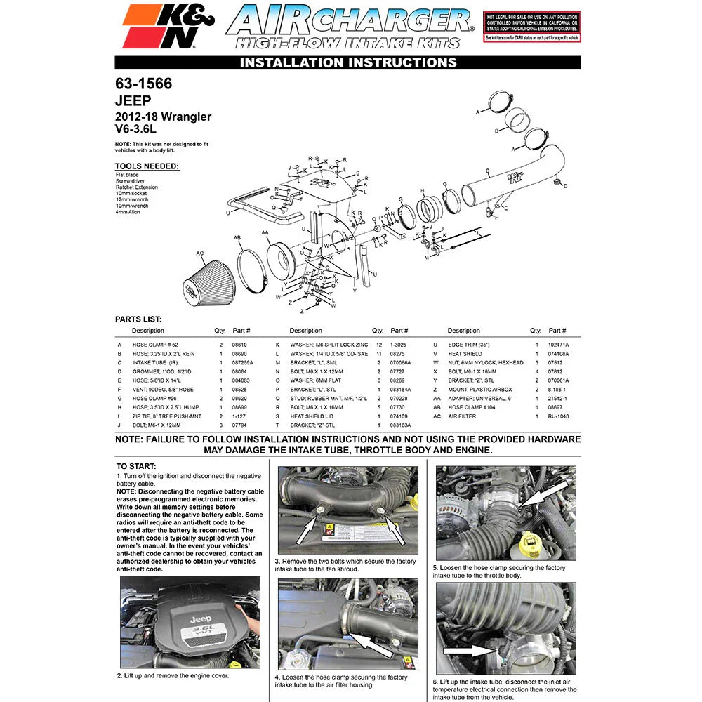 K&N 12-13 Jeep Wrangler 3.6L-V6 AirCharger Perf Intake Kit