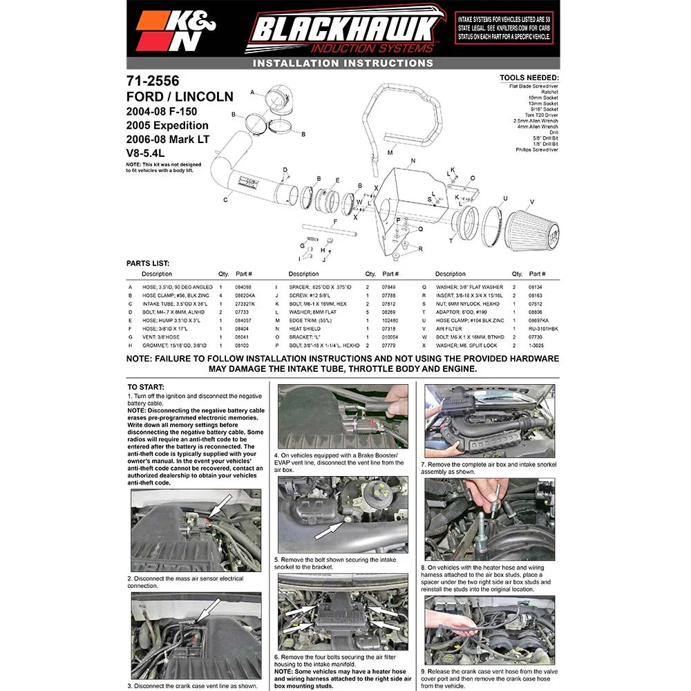 K&N 04-08 Ford F150 V8-5.4L/04-07 Ford Lobo 5.4L V8 Blackhawk Perf Intake Kit