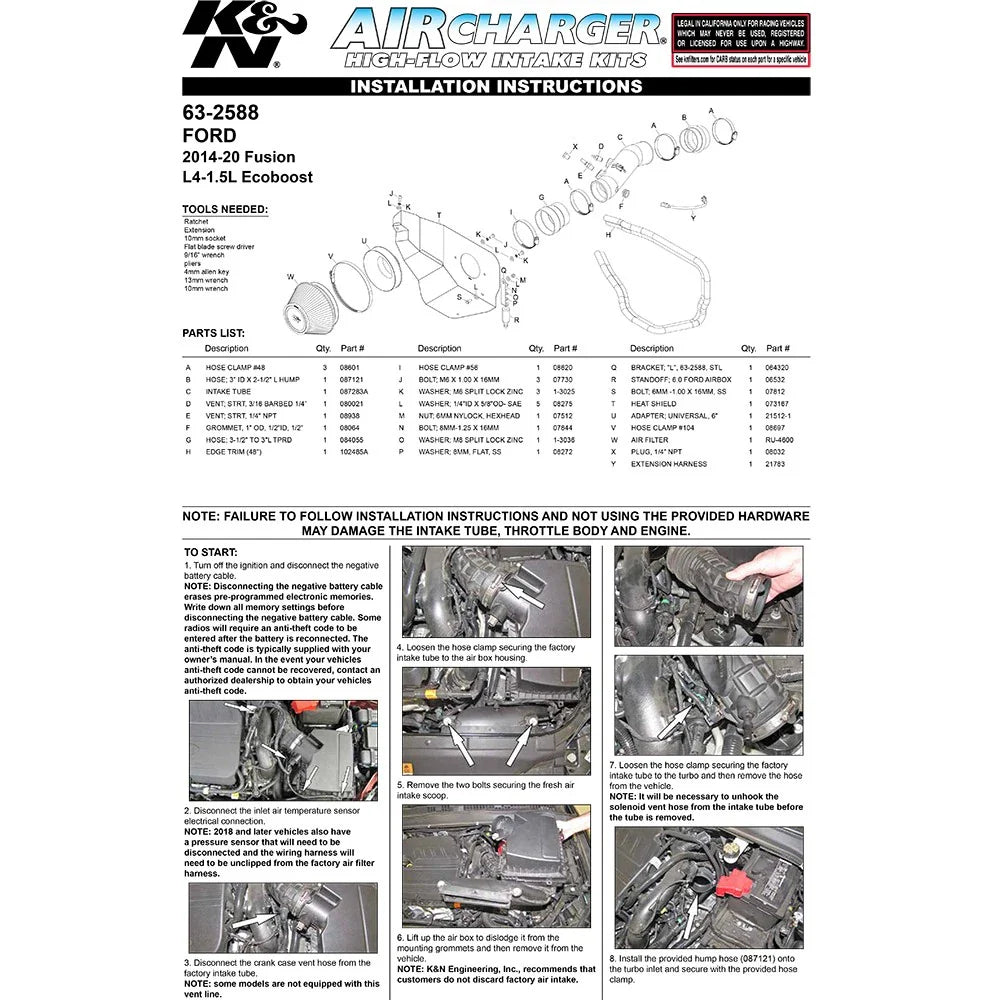 K&N 14-15 Ford Fusion 1.5L Air Charger Performance Intake
