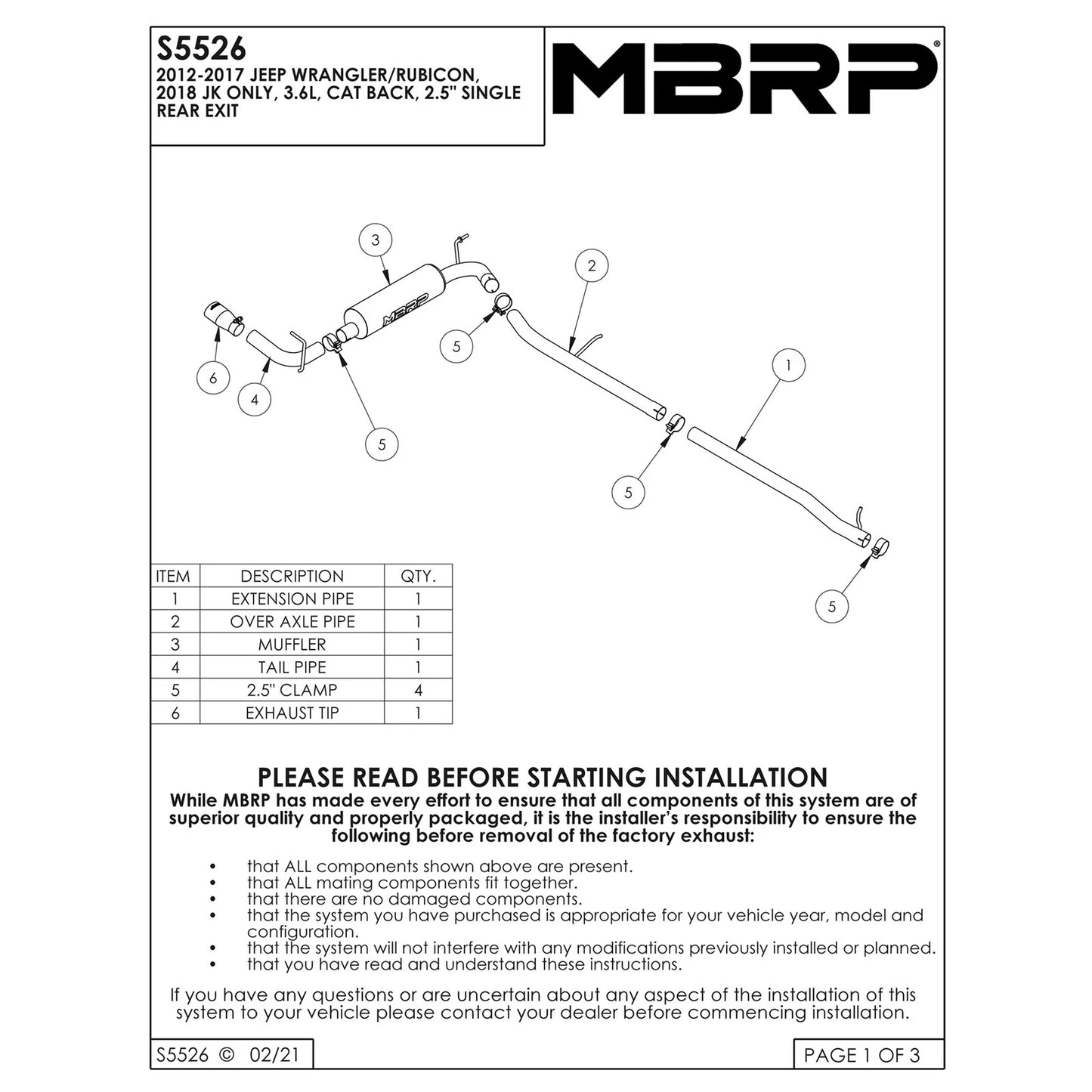 MBRP 12 Jeep Wrangler/Rubicon 3.6L Cat Back Single Rear Exit Alum Exhaust