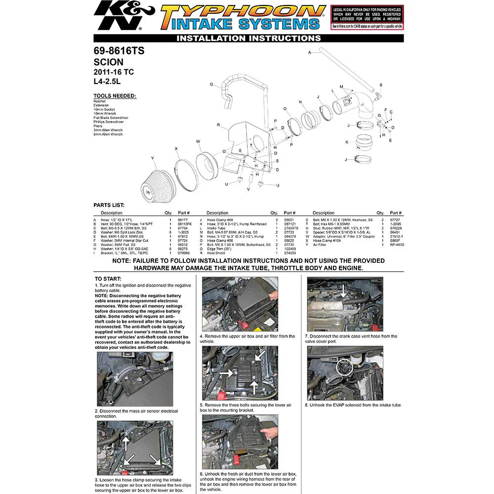 K&N 11-12 Scion tC 2.5L Typhoon Performance Intake