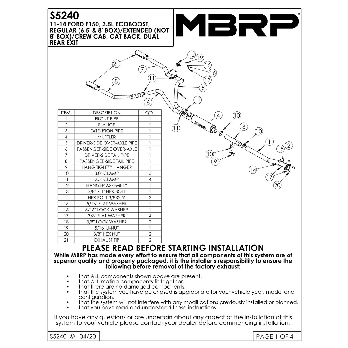 MBRP 11-14 Ford F-150 V6 Ecoboost Black Coated 2.5in Cat-Back Dual Rear Exit Exhaust System
