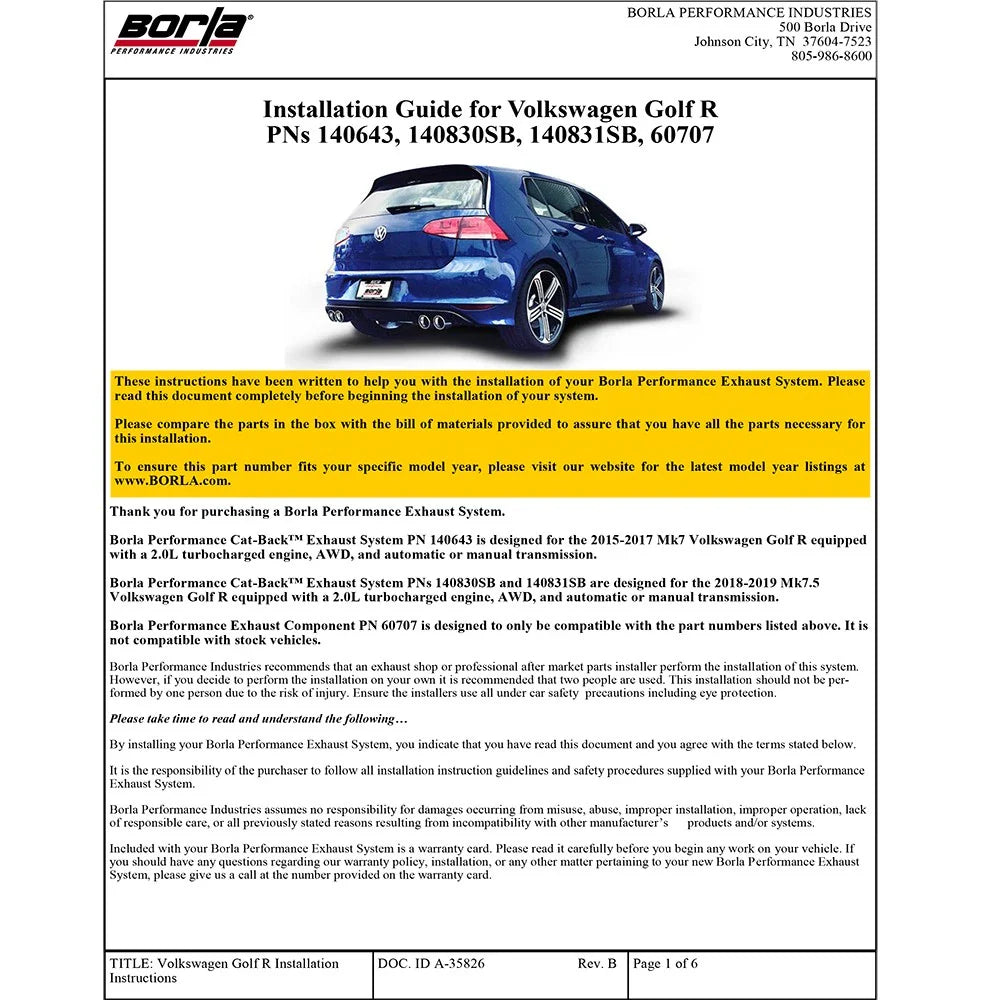 Borla 2015 Volkswagen Golf-R 2.0L Turbo S-Type CB Exhaust