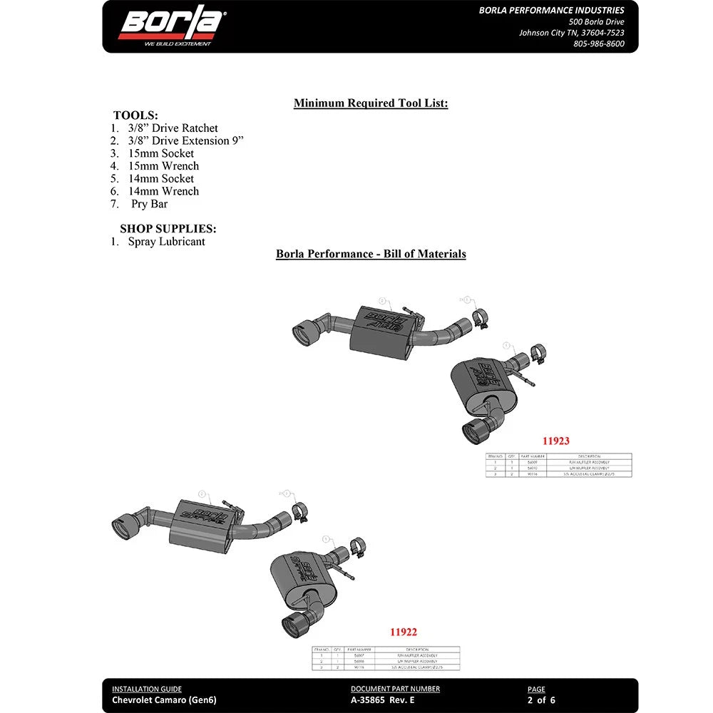 Borla 2016 Chevy Camaro SS V8 AT/MT ATAK Rear Section Exhaust w/o NPP Valves Ceramic Black
