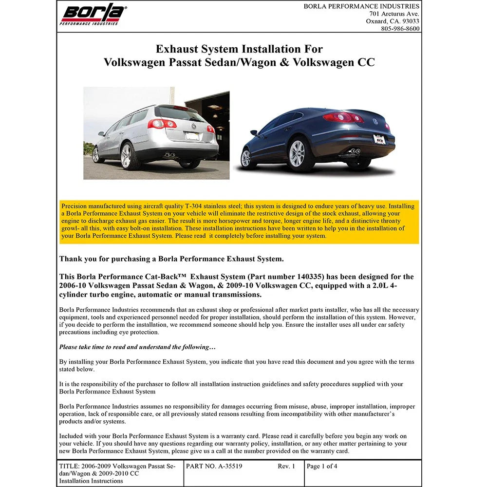 Borla 07-12 VW Passat / CC 2.0L AT/MT FWD Sport SS Catback Exhaust