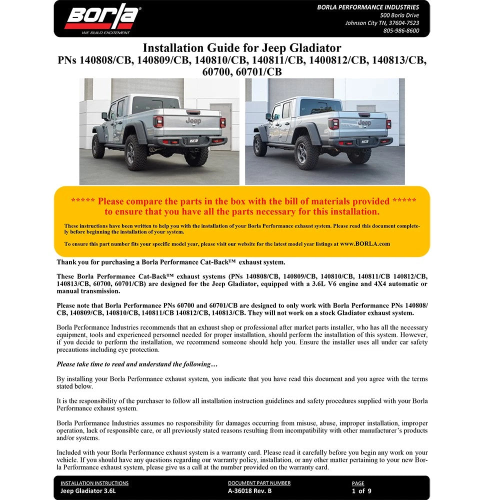Borla 2020 Jeep Gladiator JT 3.6L V6 AWD 2.75in ATAK Climber Turndown Tip