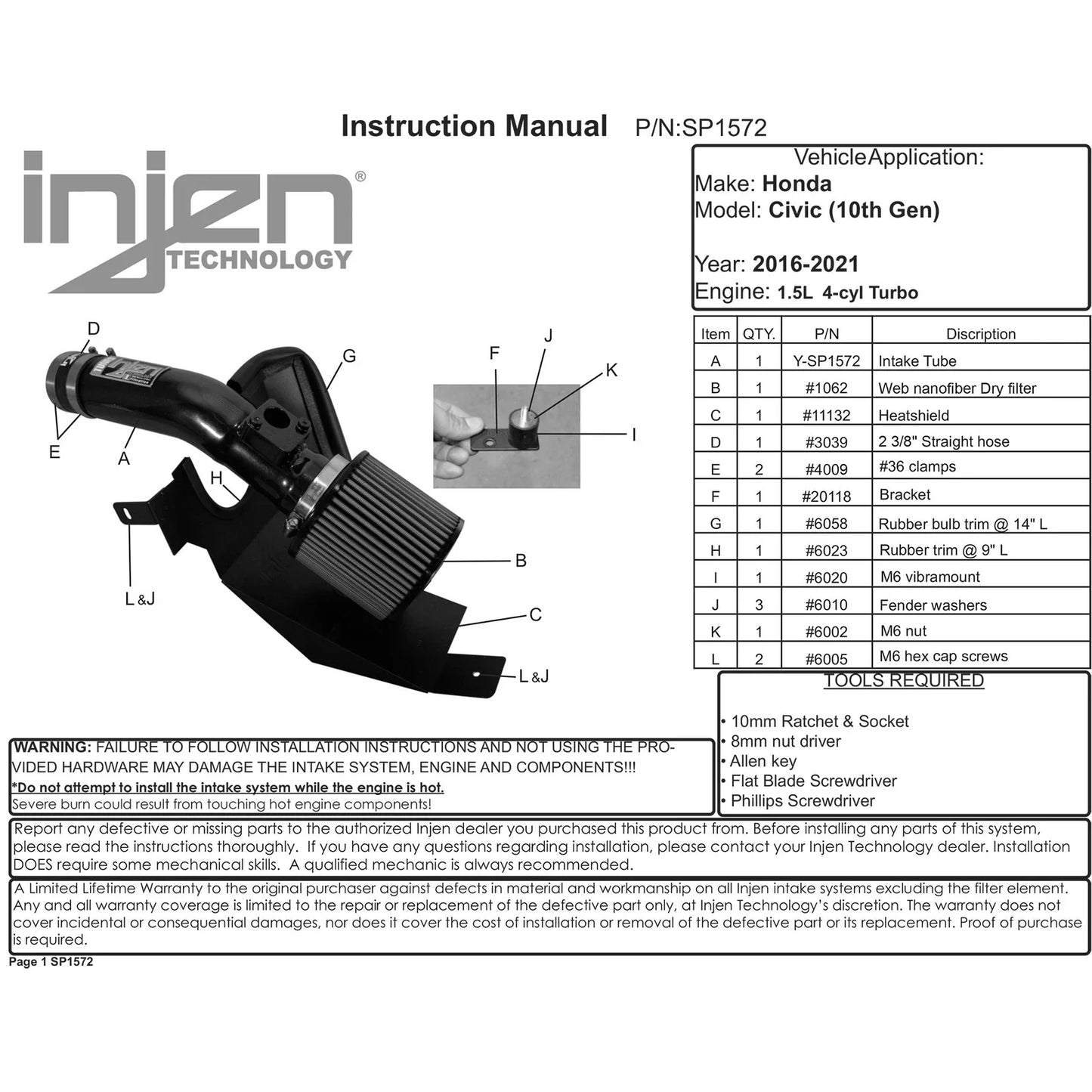 Injen 16-21 Honda Civic 1.5L 4 Cyl. Wrinkle Red Short Ram Intake