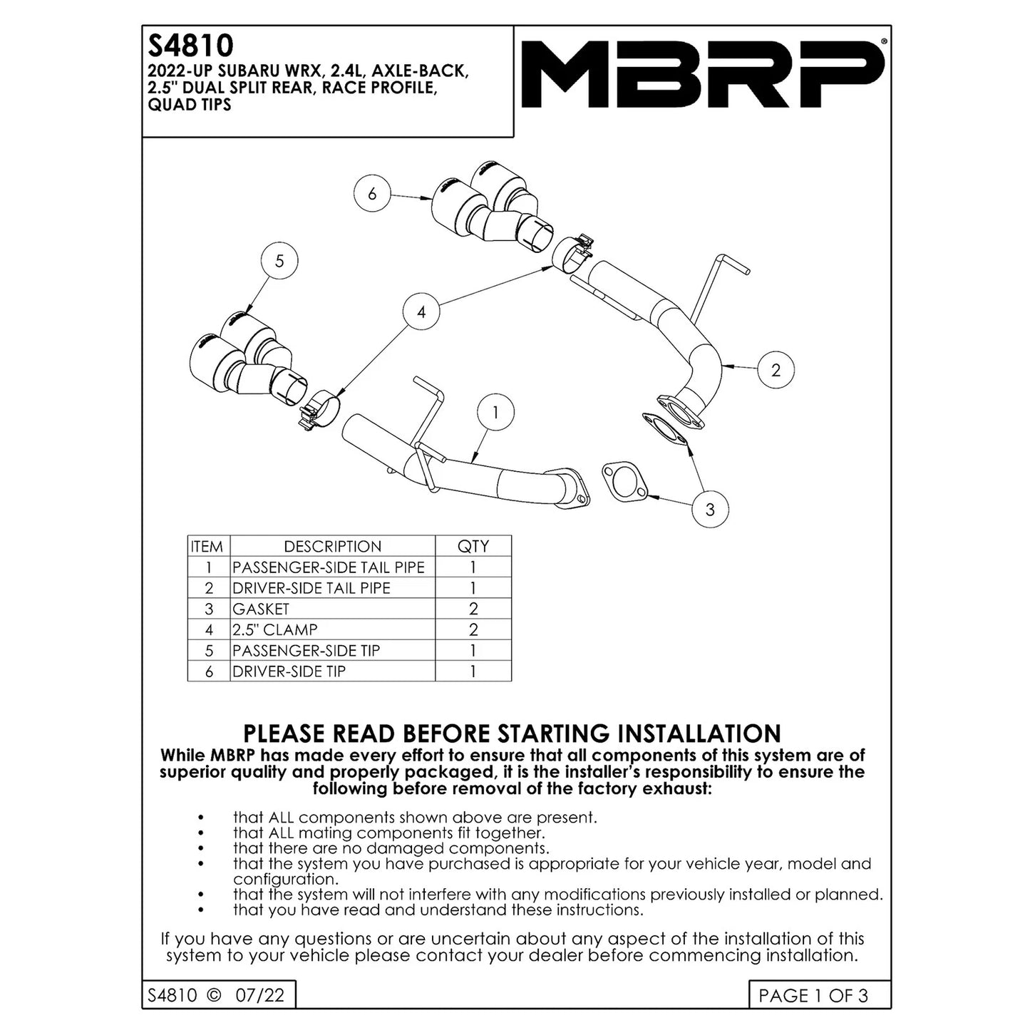 MBRP 2022 Subaru WRX 2.5in Dual Split Rear Exit w/ Quad CF Tips - T304
