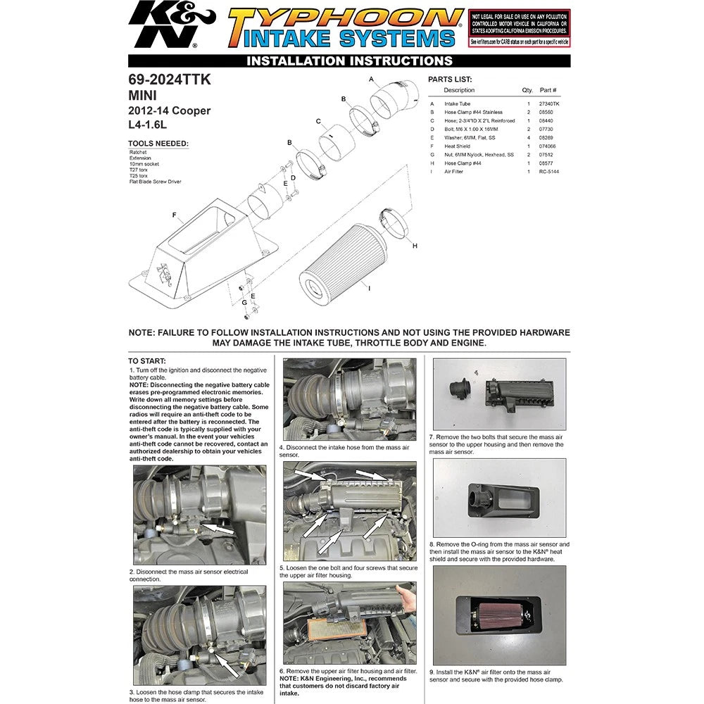 K&N 12-13 Mini Cooper S 1.6L 69 Series Typhoon Performance Intake Kit