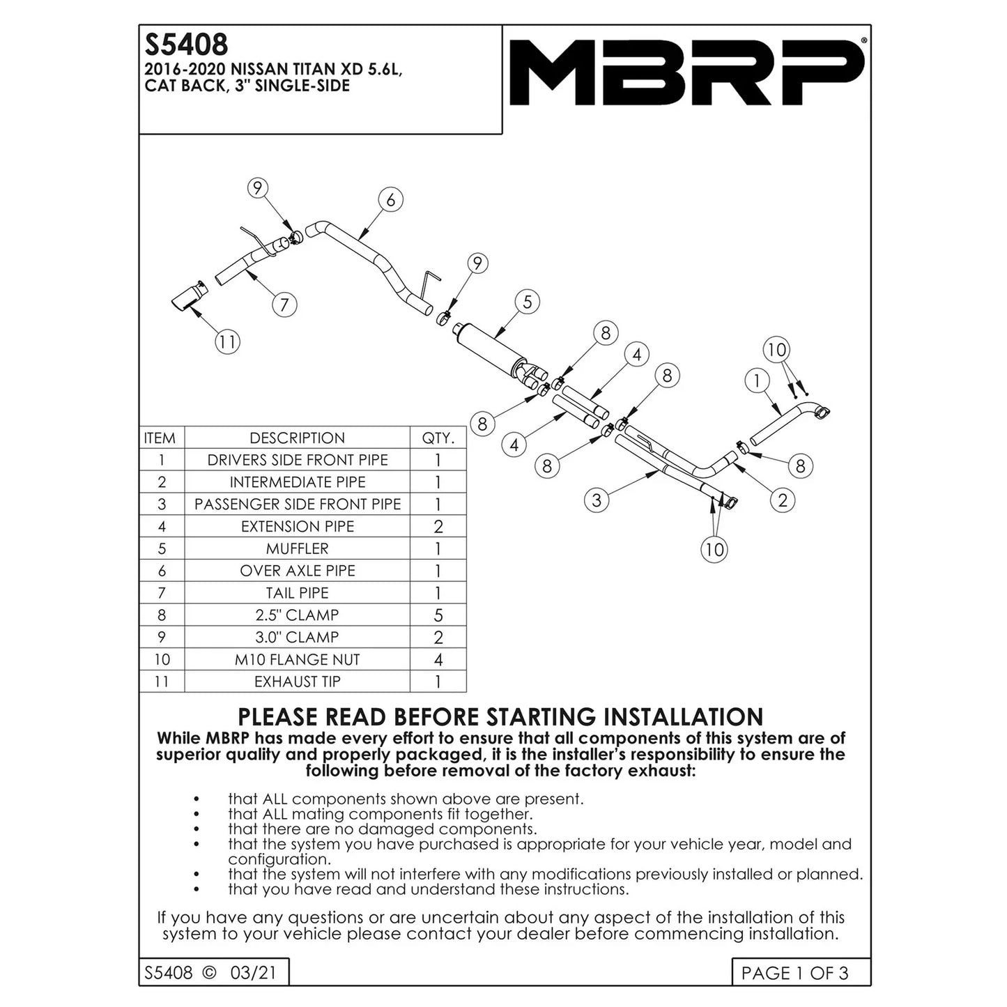 MBRP 2016+ Nissan Titan 5.6L XD 4in Tip 3in AL Cat Back Single Side