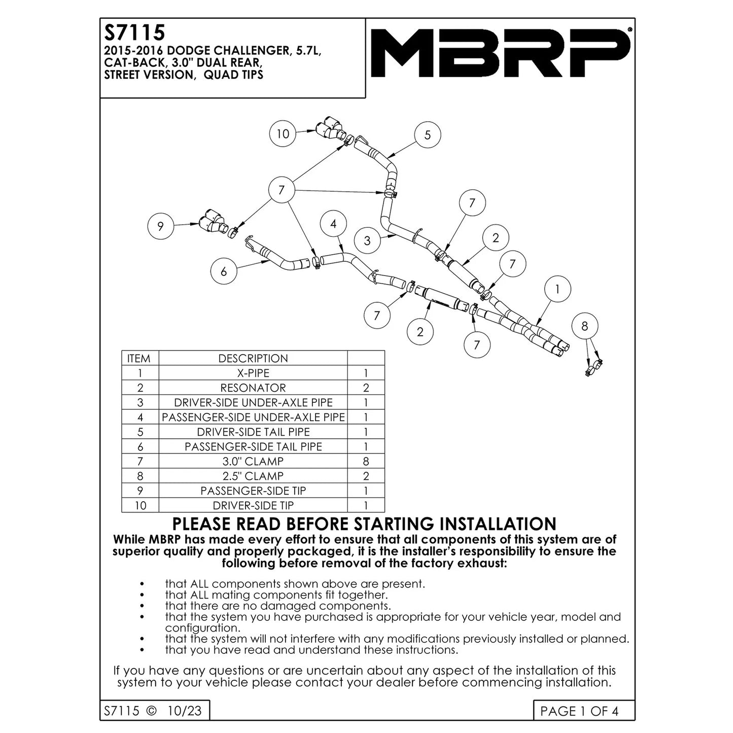 MBRP 15-16 Dodge Challenger RT 5.7L Aluminized Steel 3in Dual Rear Cat-back Quad Tips - Street