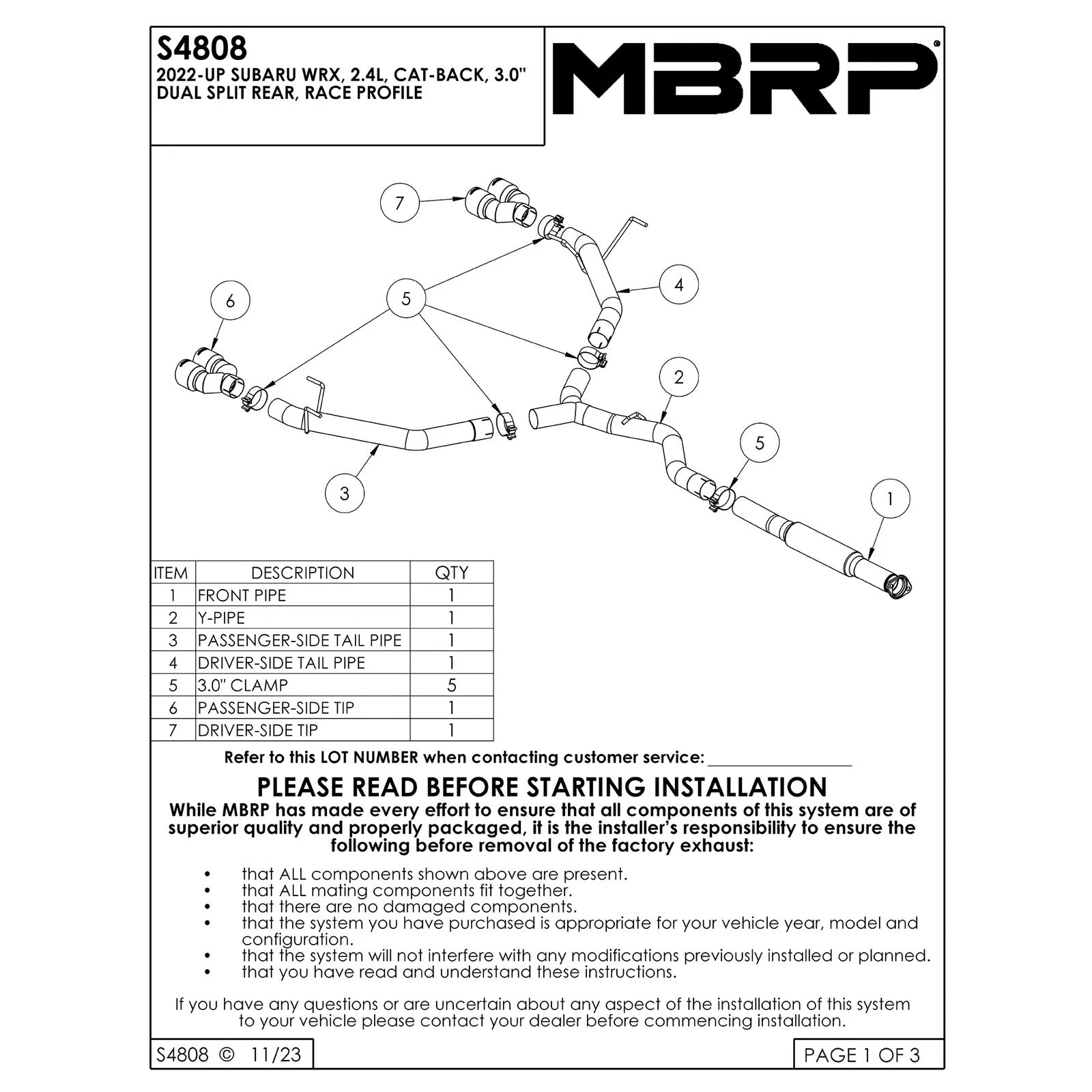 MBRP 2022+ Subaru WRX 3in Cat-Back Dual Split Rear Quad Tips Race Profile Exhaust