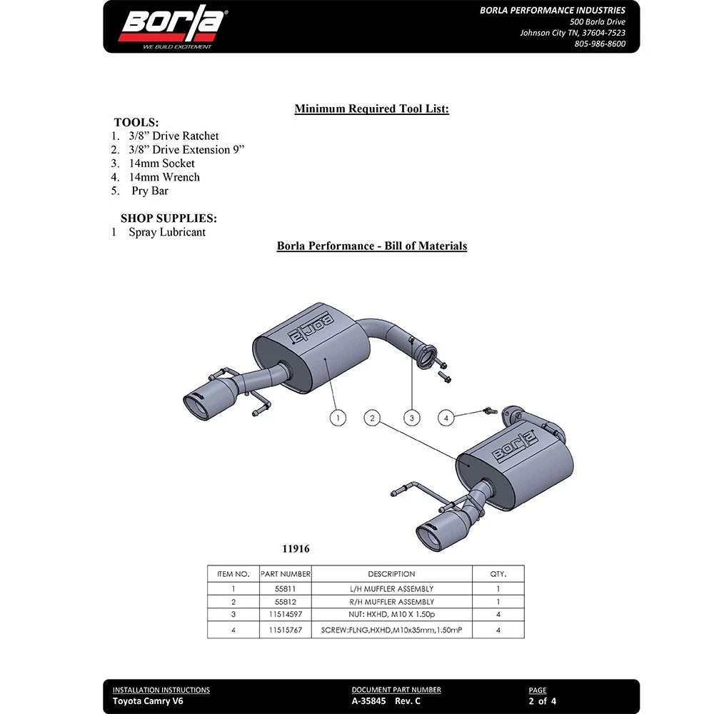 Borla 14-16 Toyota Camry 3.5L AT FWD 4DR 2.25in Touring Rear Section Exhaust 3.5in x 4.25in Tips