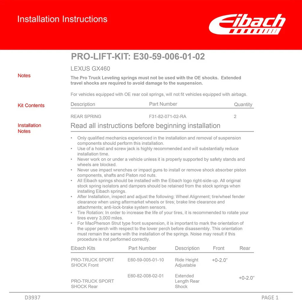 Eibach 10-22 Lexus GX460 SUV 4.6L 4WD J150 Pro-Lift Kit (Rear Springs Only) 1.75in Rear