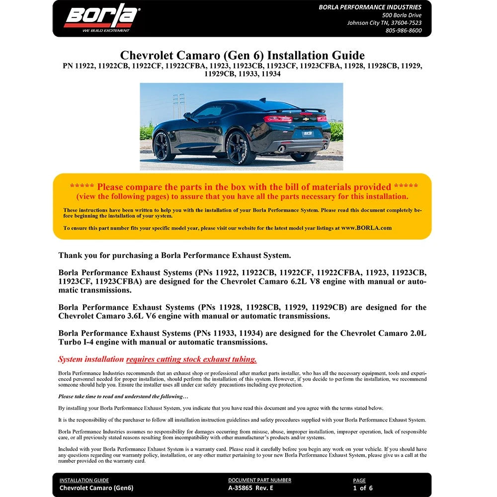 Borla 2016-2018 Chevrolet Camaro 3.6L AT/MT RWD Ceramic Black ATAK Exhaust