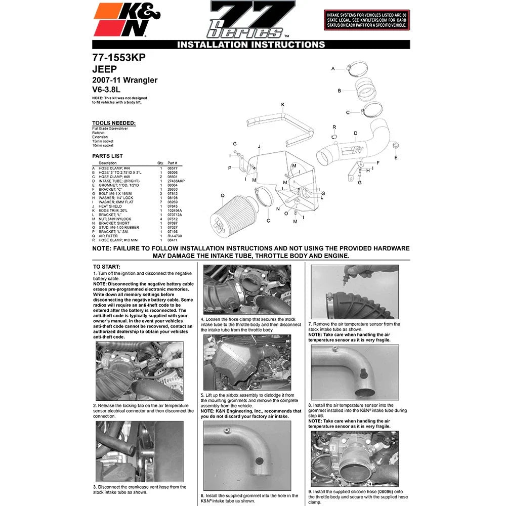 K&N 07-10 Jeep Wrangler V6-3.8L High Flow Performance Kit