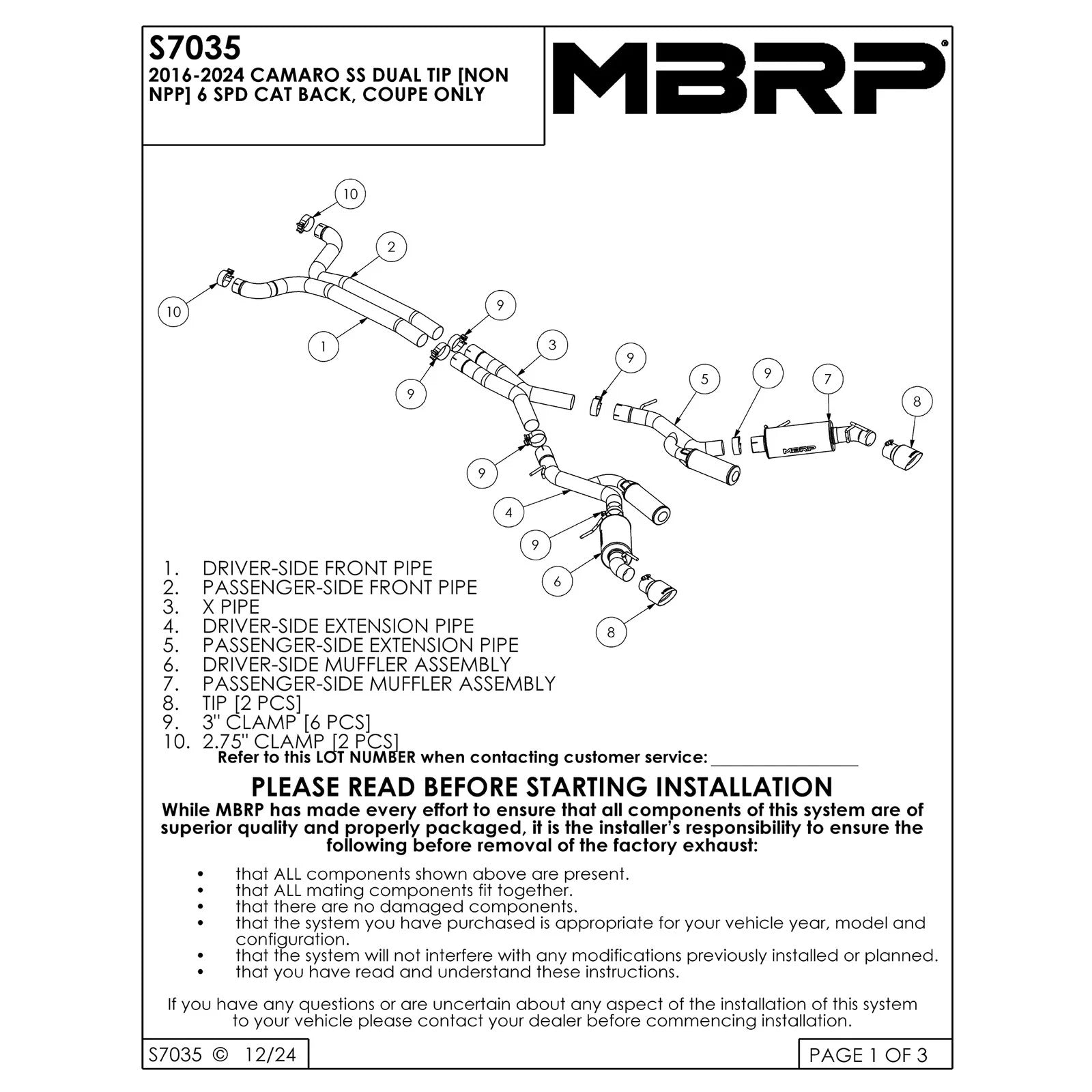 MBRP 16-19 Chevrolet Camaro SS 6 Speed 3in Dual Cat Back w/ 4.5in OD Tips - Black (Non NPP Models)