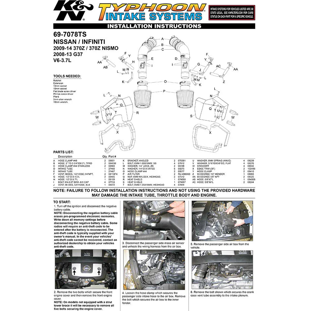 K&N 09-10+Nissan/Infiniti 370z/G37 V6-3.7L Typhoon Intake
