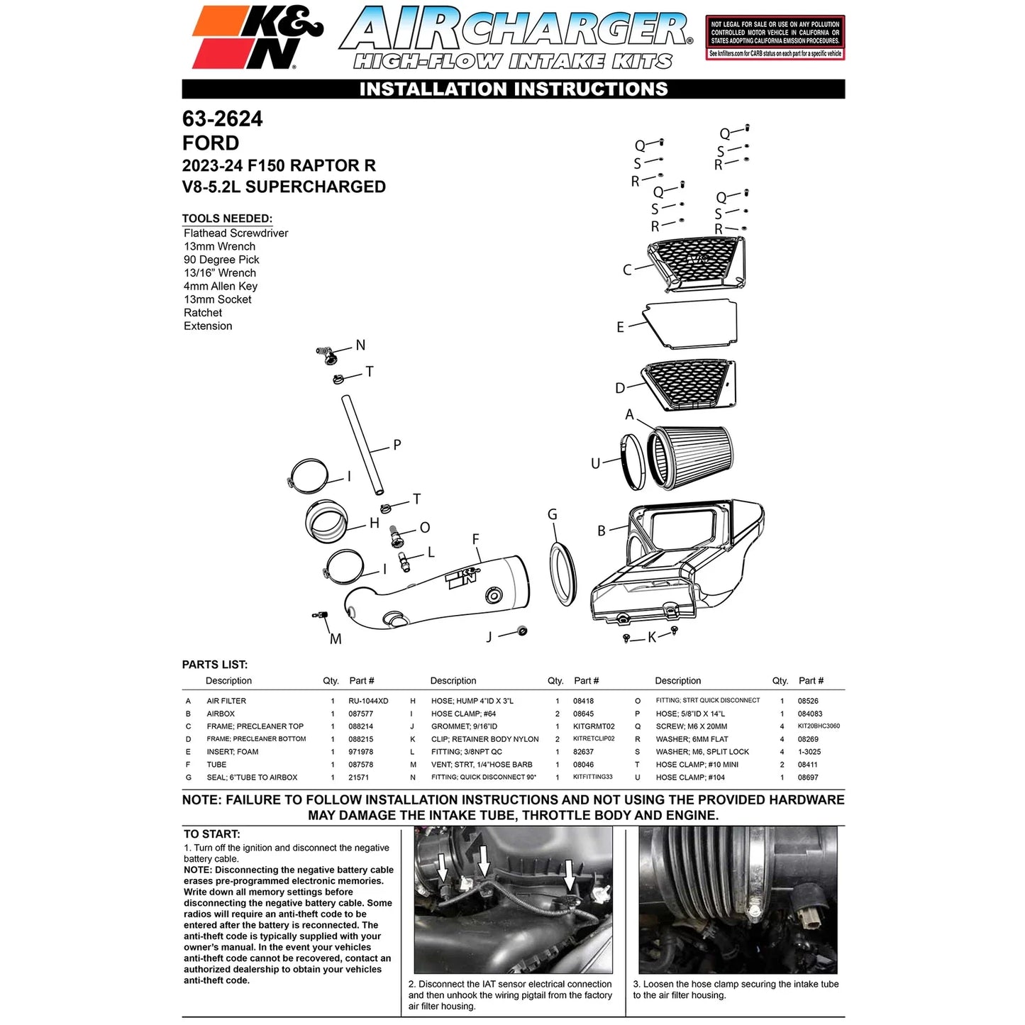 K&N 23-24 Ford F150 Raptor R 5.2L V8 Performance Air Intake System