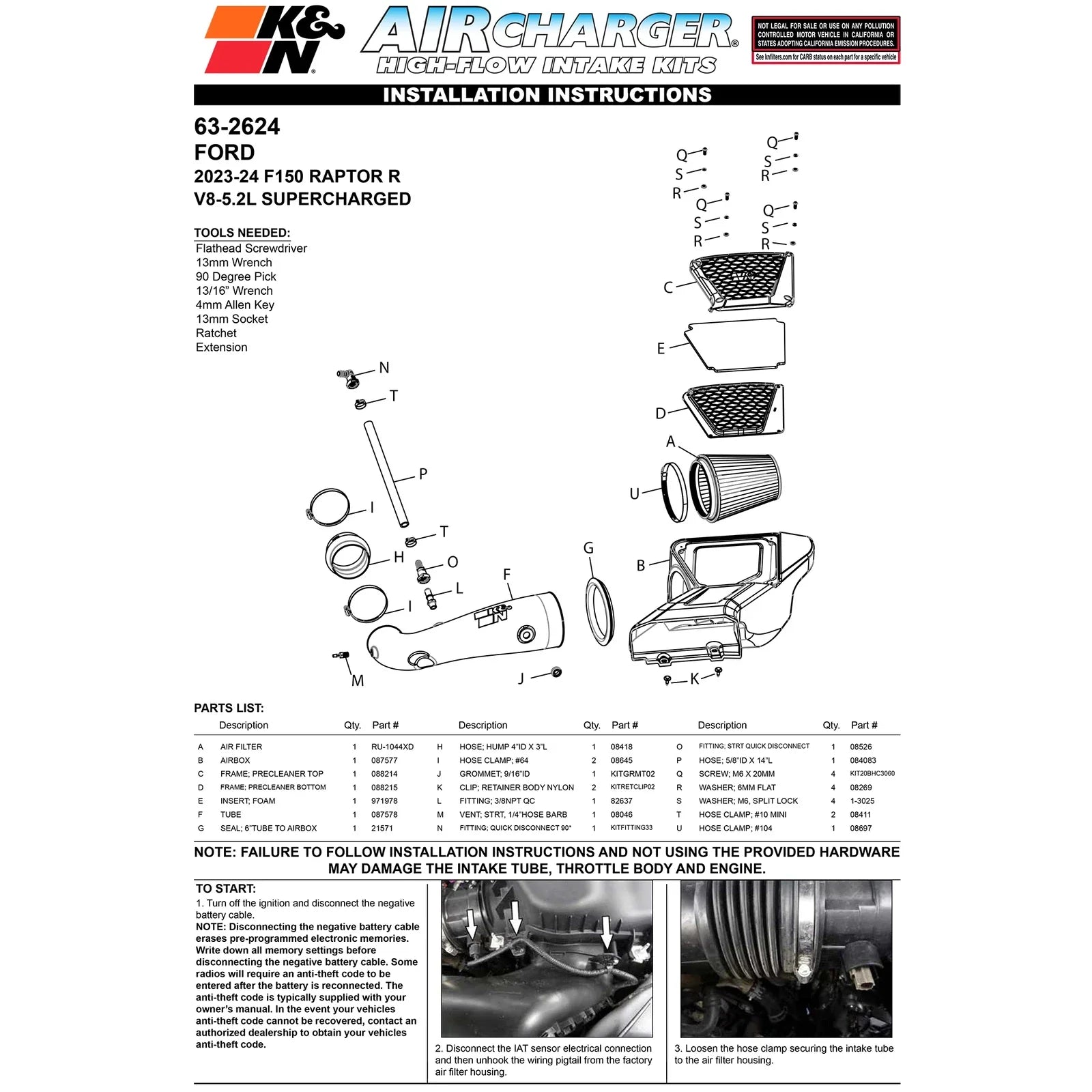 K&N 23-24 Ford F150 Raptor R 5.2L V8 Performance Air Intake System