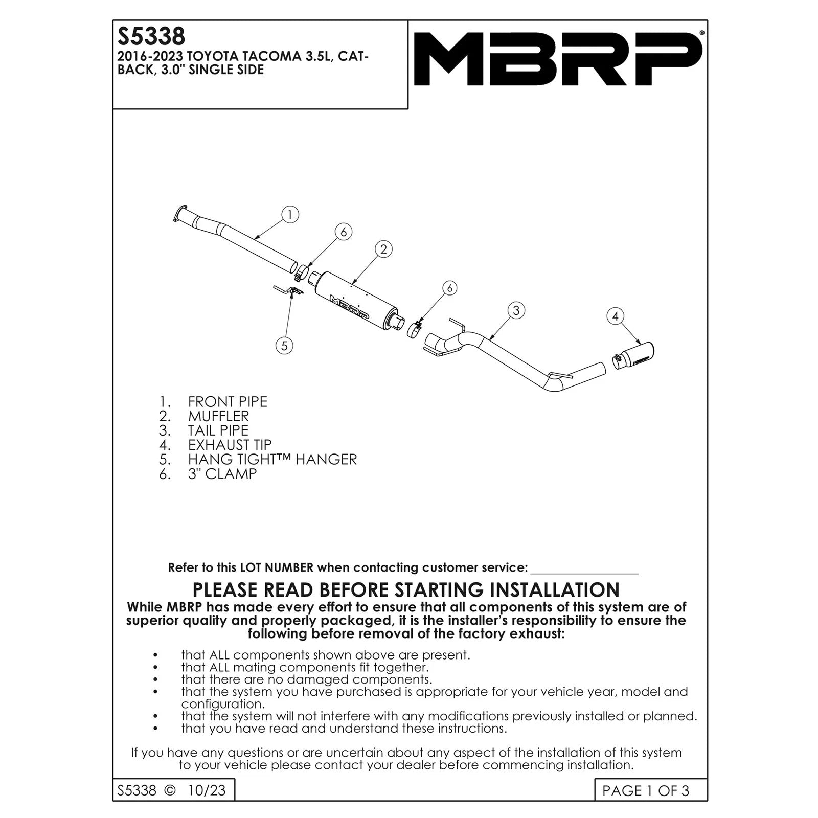 MBRP 2016 Toyota Tacoma 3.5L Cat Back Single Side Exit Black Exhaust System