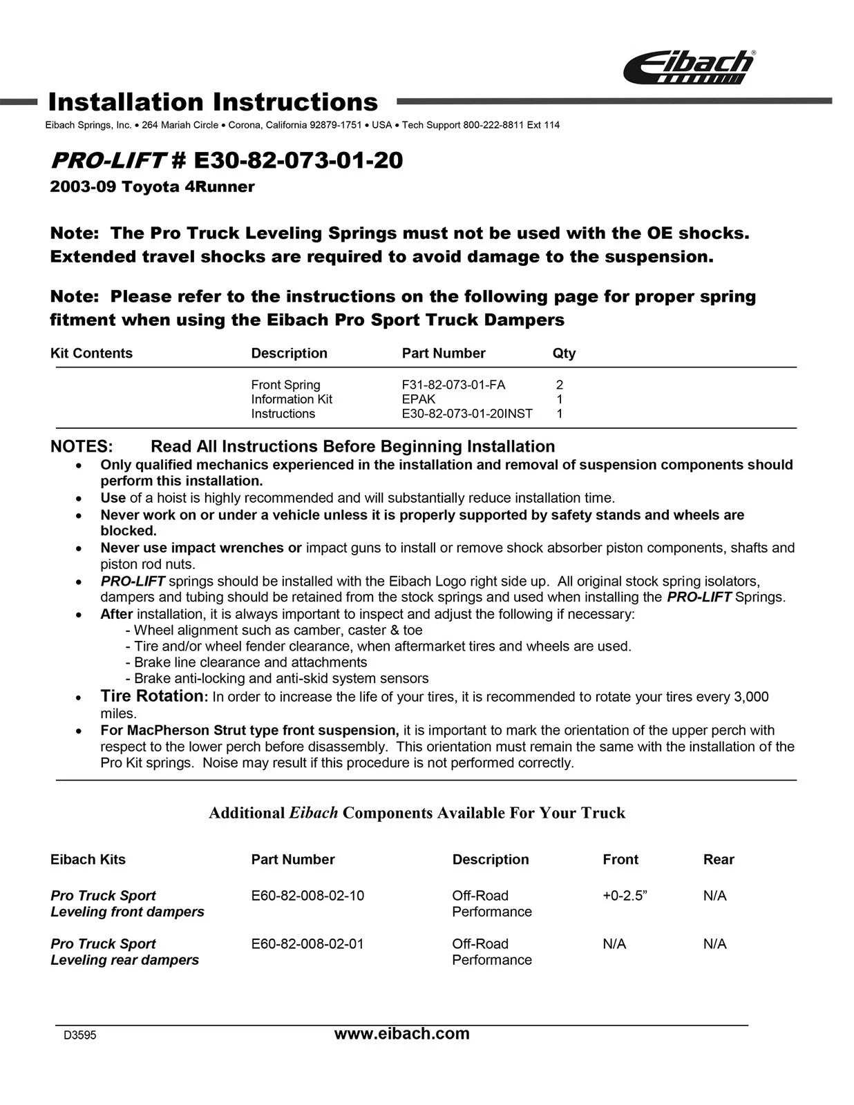 Eibach Pro-Truck Lift Kit for 03-09 Toyota 4Runner (Must Be Used w/Pro-Truck Front Shocks)