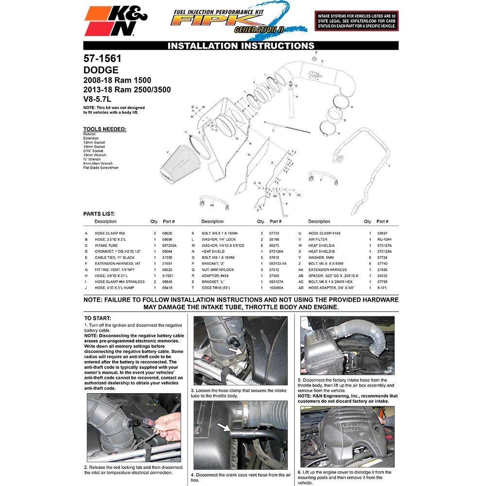 K&N 09-11 Dodge Ram 1500 V8 5.7L Performance Intake