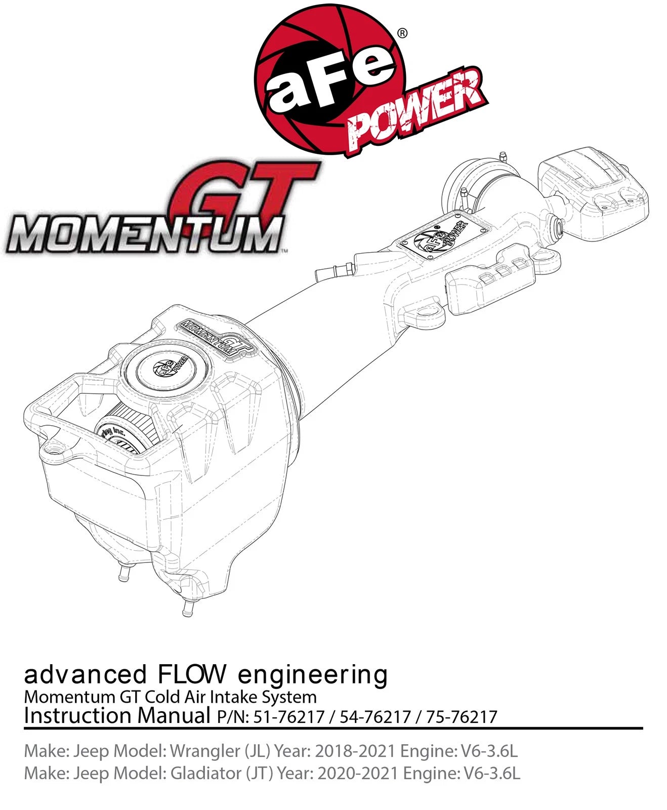 aFe Momentum GT Pro-GUARD 7 Cold Air Intake System 2018+ Jeep Wrangler (JL) V6 3.6L