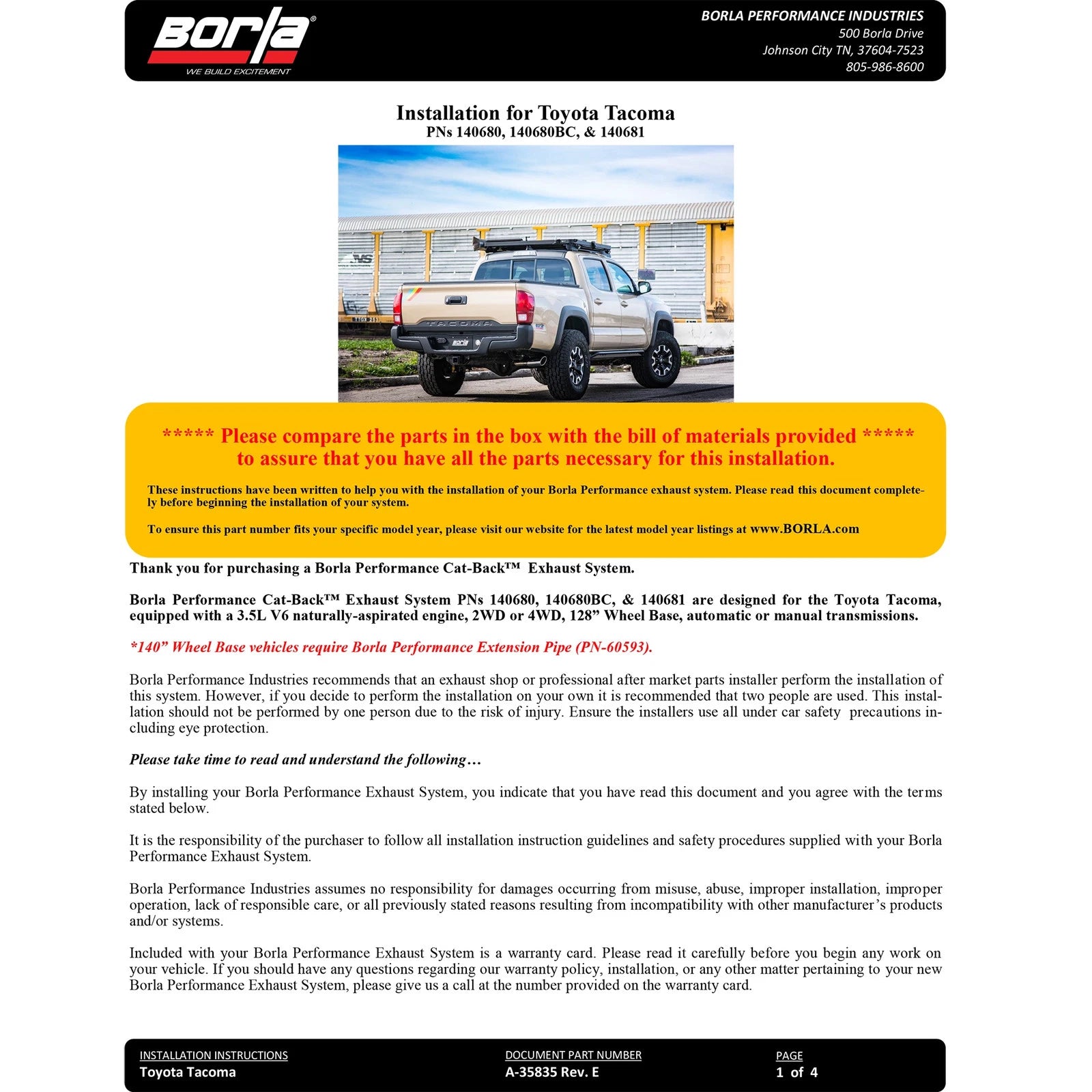 Borla 16-23 Toyota Tacoma 3.5L V6 4DR CC Short Bed S-Type SS 2.5in Catback Exhaust