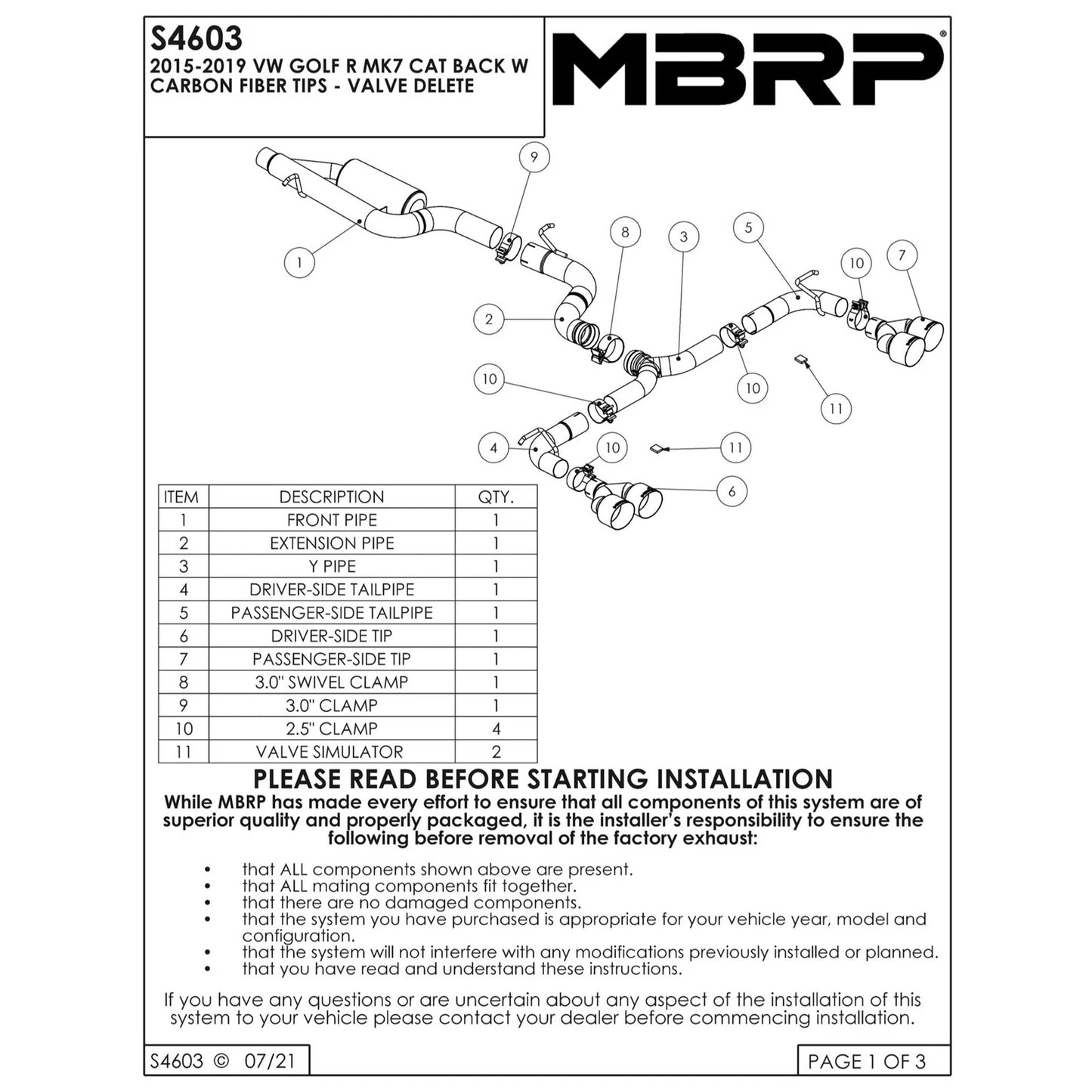 MBRP 15-19 VW Golf R MK7/MK7.5 3in T304 Cat Back Exhaust w/ Carbon Fiber Tips