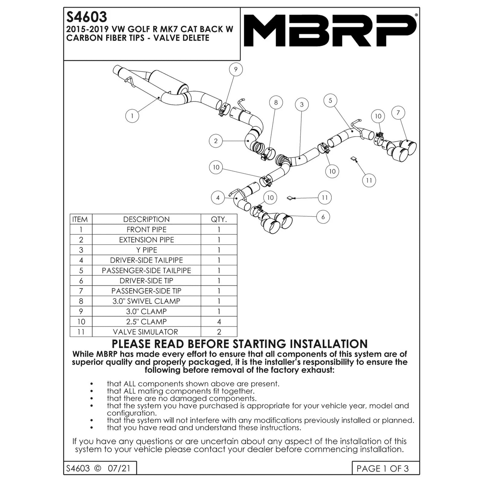 MBRP 15-19 VW Golf R MK7/MK7.5 3in T304 Cat Back Exhaust w/ Carbon Fiber Tips