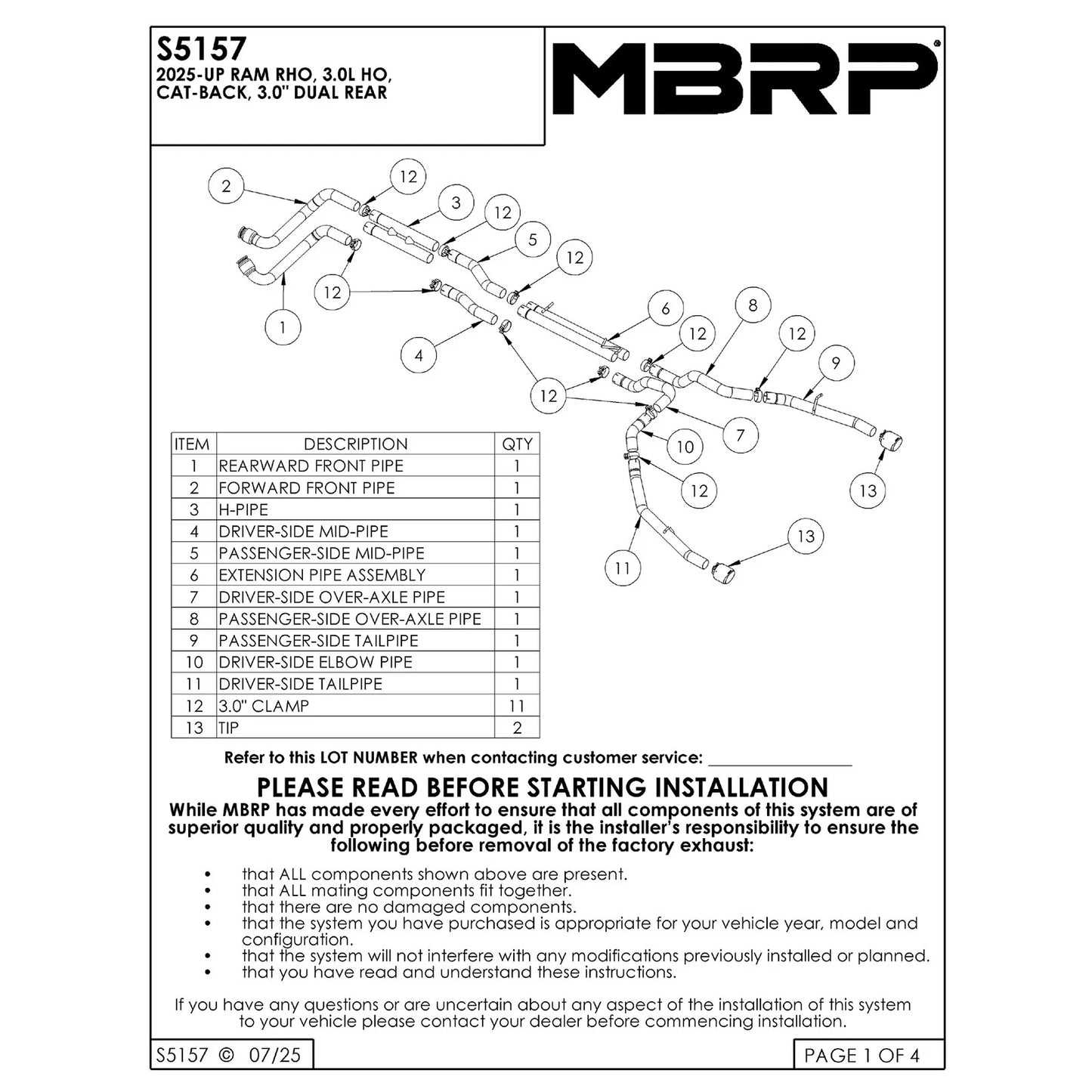 MBRP 2025 RAM RHO 3in Dual Split Rear Cat Back w/ Carbon Fiber Tips - T304