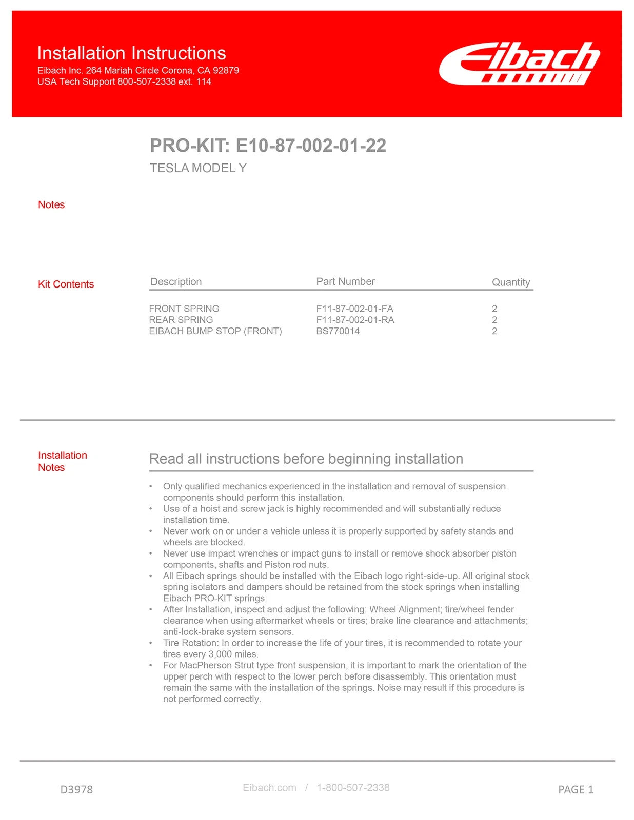 Eibach 20-21 Tesla Model Y -1.1in Front / -1.5in Rear Pro-Kit