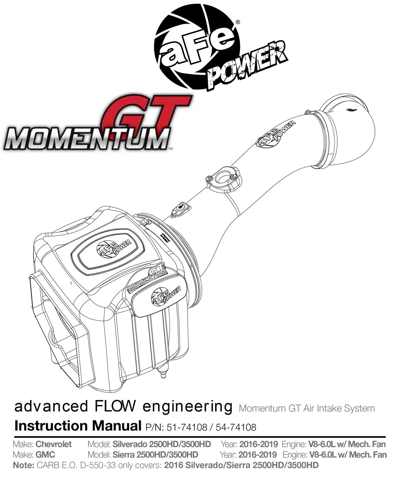 aFe Momentum GT Pro 5R Intake System 2016 GM Silverado HD / Sierra HD V8-6.0L
